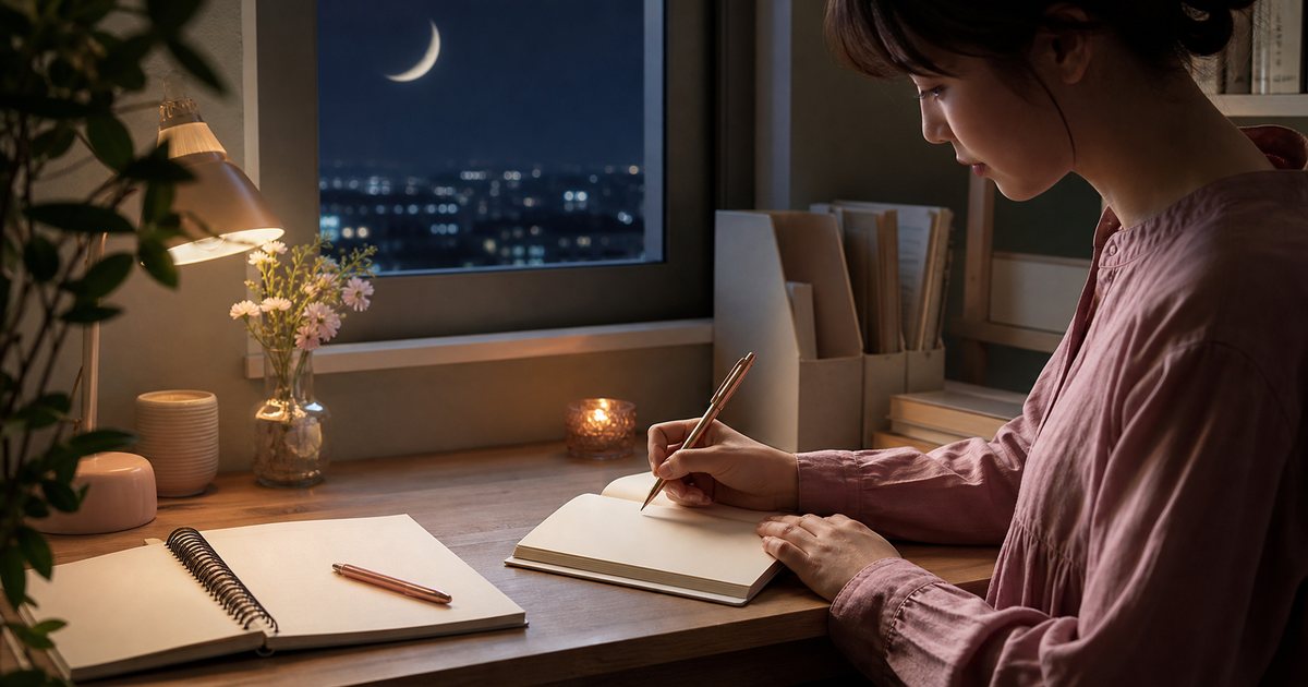 新月の夜に願いをノートへ書く女性