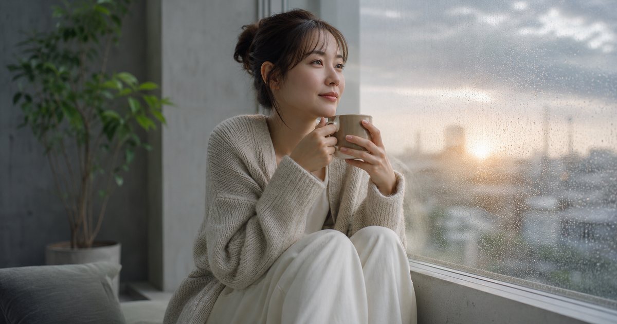 雨の窓辺で自分をいたわる女性