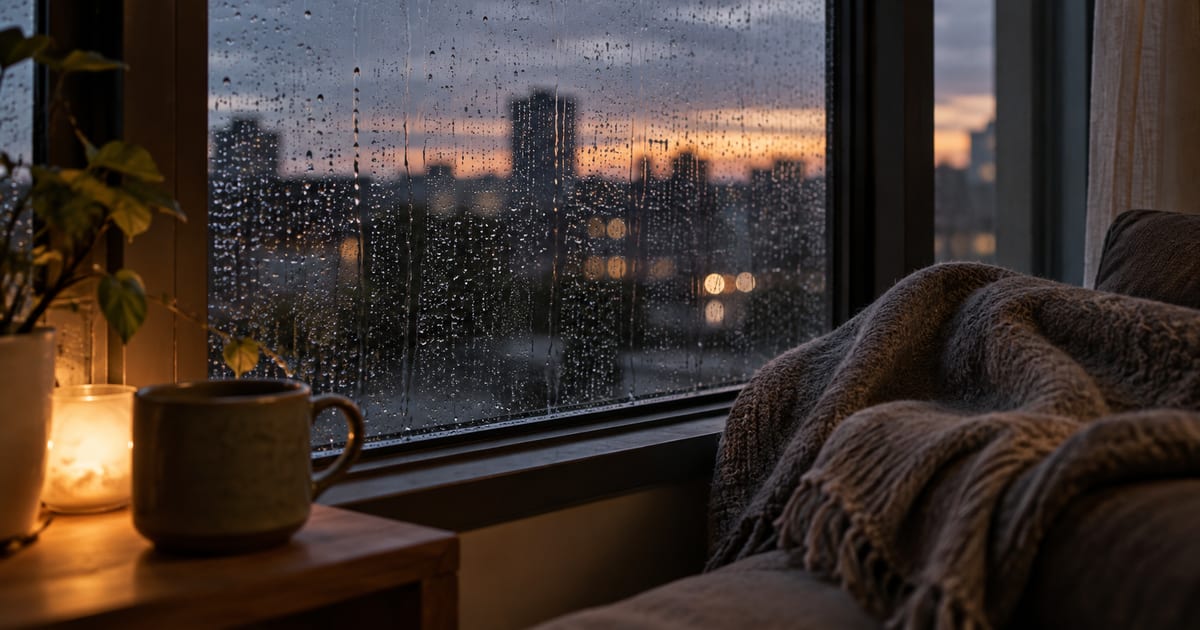 雨上がりの窓と、脇に置かれたブランケット