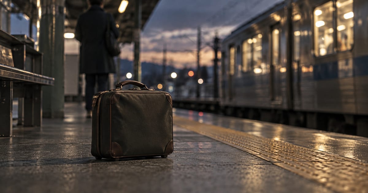 駅のホームに置かれた小さな旅行鞄