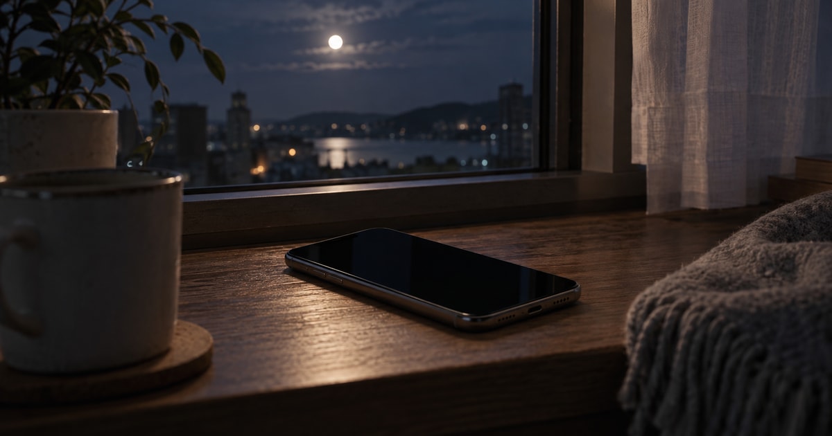 夜、月明かりの窓辺に置かれたスマートフォン