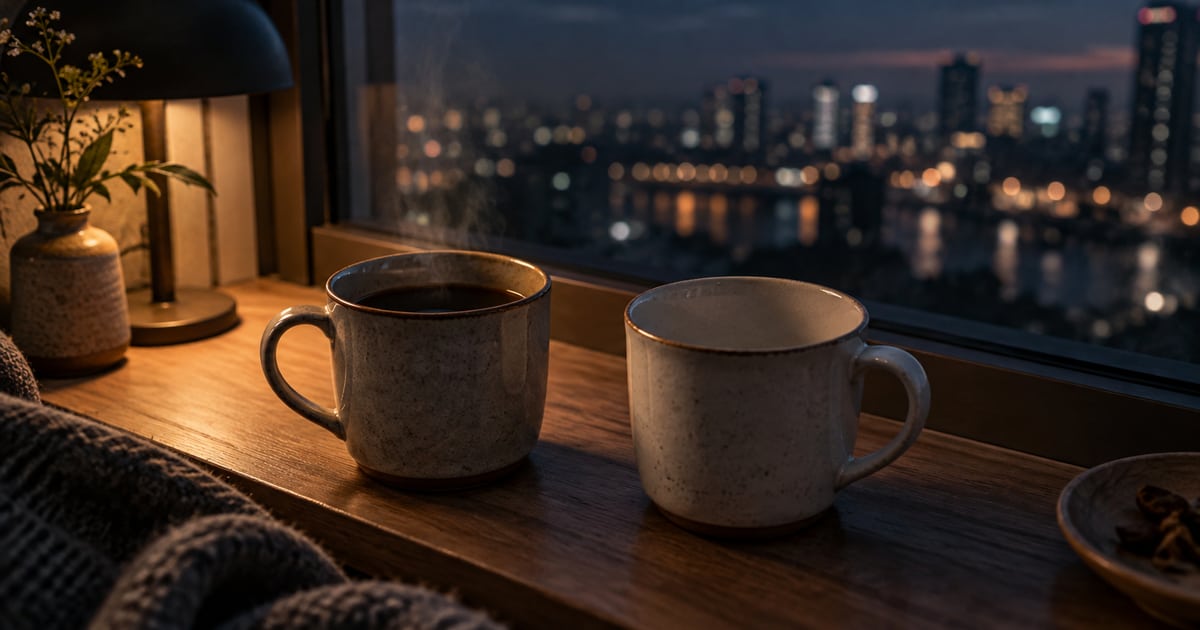 夜の窓辺に置かれた二つのカップ、片方は空