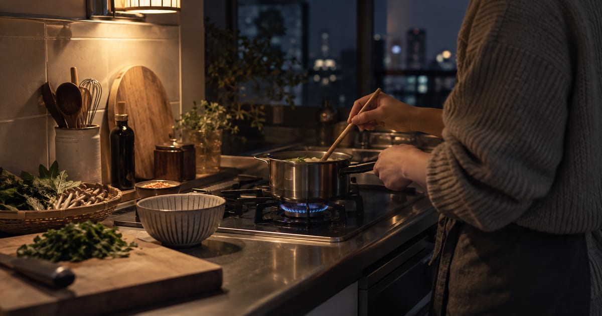 夜のキッチンで一人分の食事を用意する手元