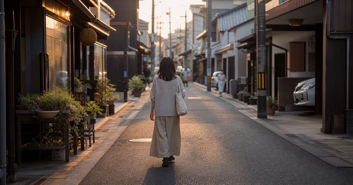夕日の差す商店街を歩く女性の後ろ姿