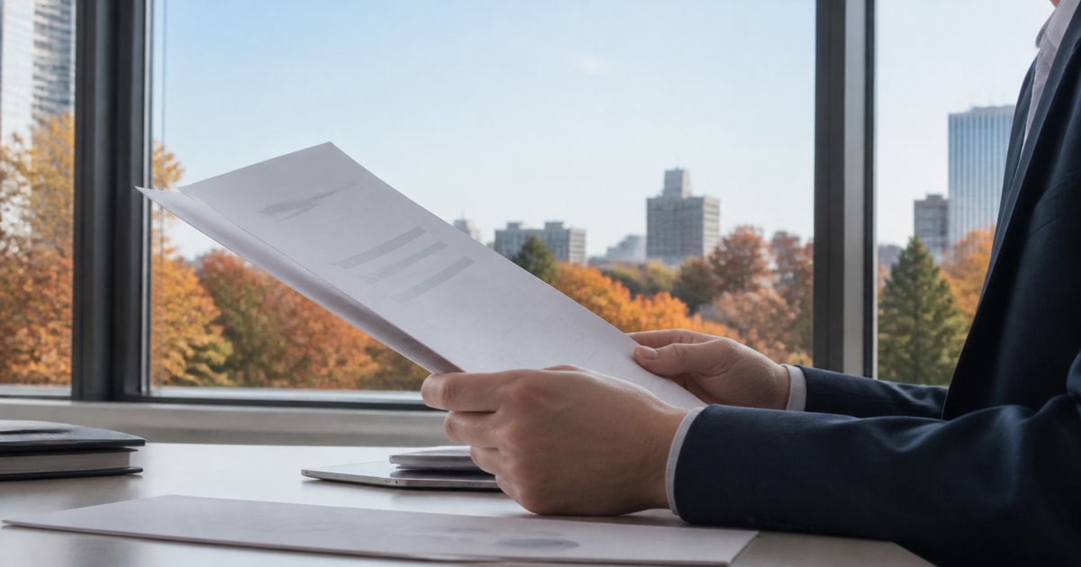紅葉の見えるオフィスの窓際で書類を読む手元