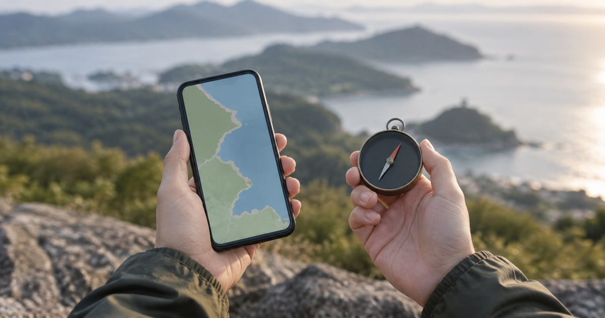 地図アプリを開いたスマートフォンと方位磁針