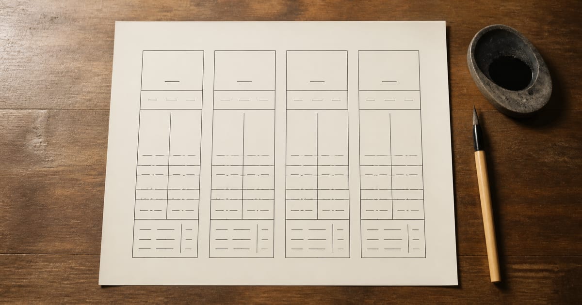 四柱推命の命式を書き出した紙と筆記具