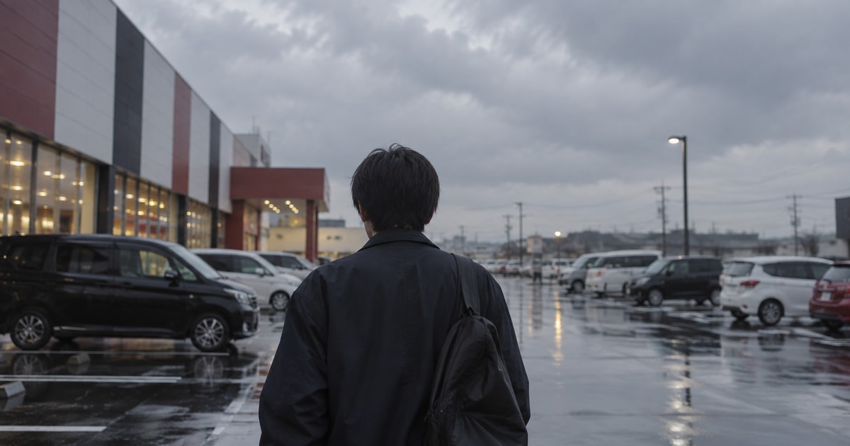 雨が近い曇り空と、濡れたアスファルトの駐車場