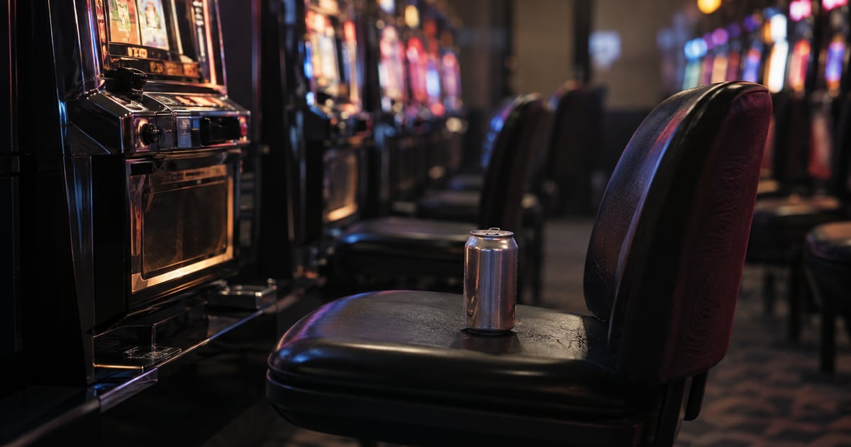夜のホールの照明と、椅子に置かれた飲みかけの缶